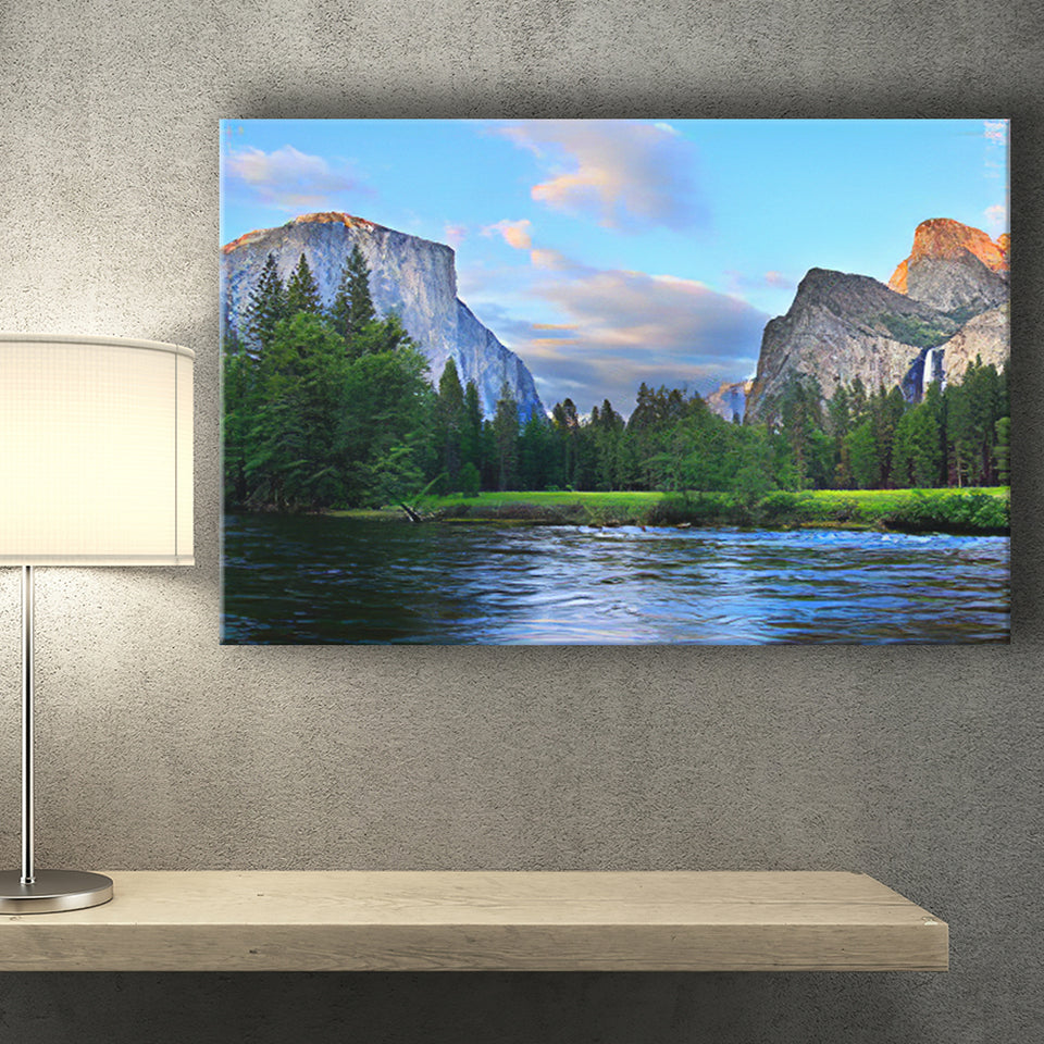 Panorama of the Yosemite Valley at the Merced River Canvas Prints Wall Art - Painting Canvas, Wall Decor, Home Decor, Prints for Sale