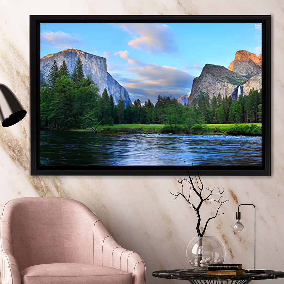 Panorama of the Yosemite Valley at the Merced River Framed Canvas Prints Wall Art - Painting Canvas, Wall Decor, Home Decor