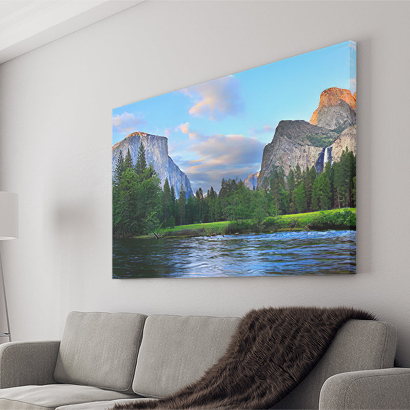 Panorama of the Yosemite Valley at the Merced River Canvas Prints Wall Art - Painting Canvas, Wall Decor, Home Decor, Prints for Sale