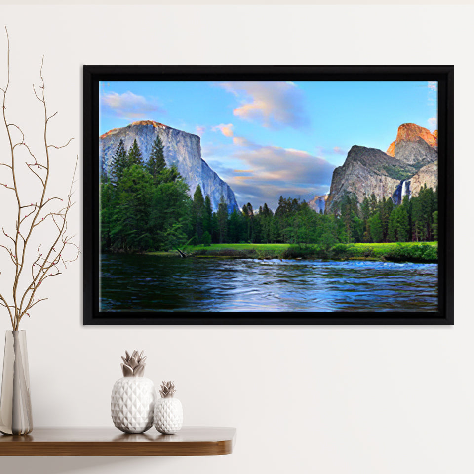 Panorama of the Yosemite Valley at the Merced River Framed Canvas Prints Wall Art - Painting Canvas, Wall Decor, Home Decor