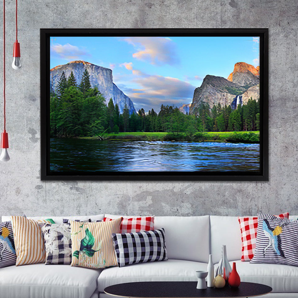 Panorama of the Yosemite Valley at the Merced River Framed Canvas Prints Wall Art - Painting Canvas, Wall Decor, Home Decor