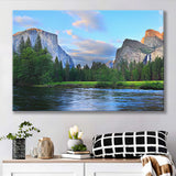 Panorama of the Yosemite Valley at the Merced River Canvas Prints Wall Art - Painting Canvas, Wall Decor, Home Decor, Prints for Sale