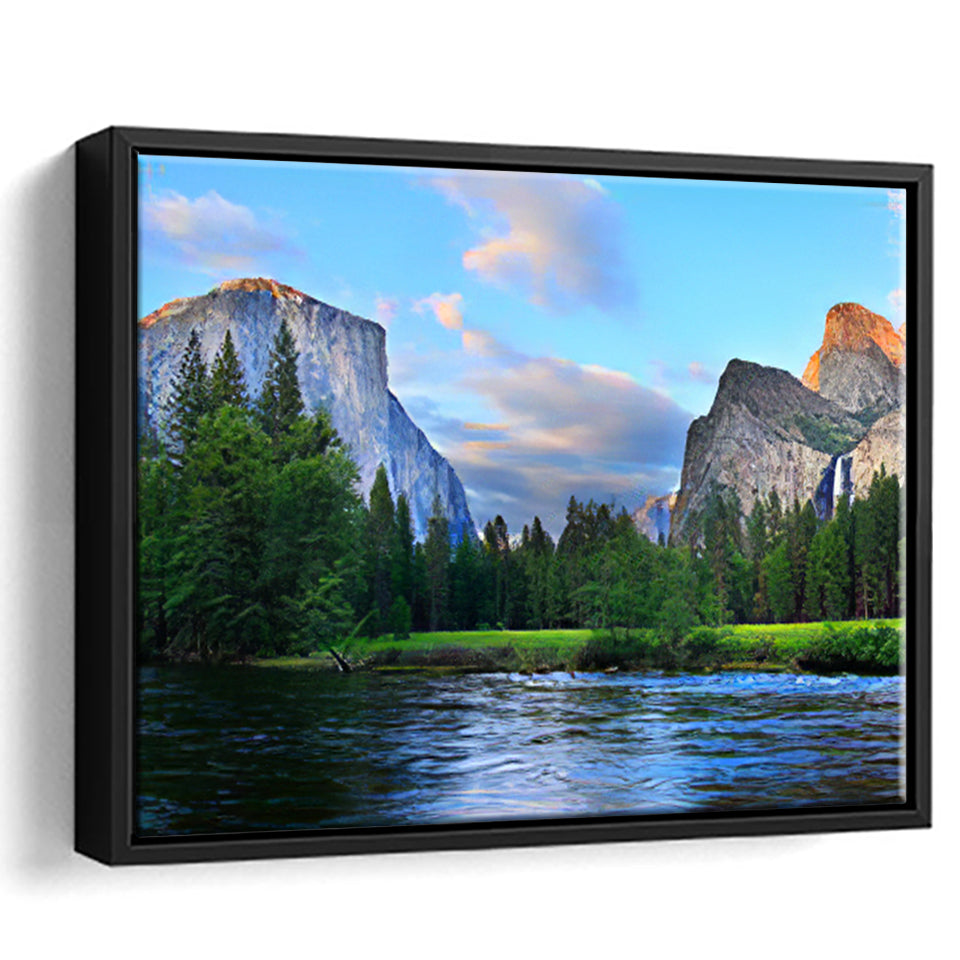 Panorama of the Yosemite Valley at the Merced River Framed Canvas Prints Wall Art - Painting Canvas, Wall Decor, Home Decor