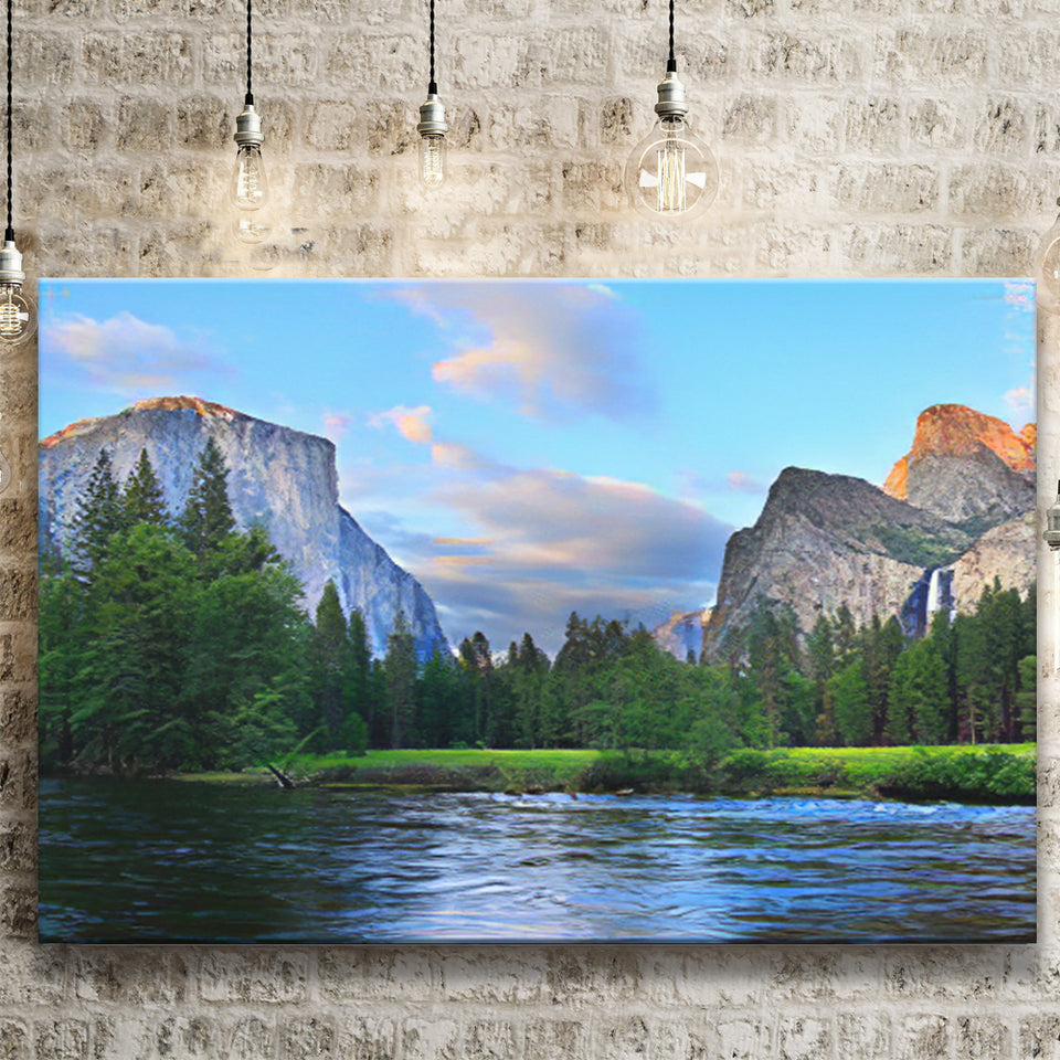 Panorama of the Yosemite Valley at the Merced River Canvas Prints Wall Art - Painting Canvas, Wall Decor, Home Decor, Prints for Sale