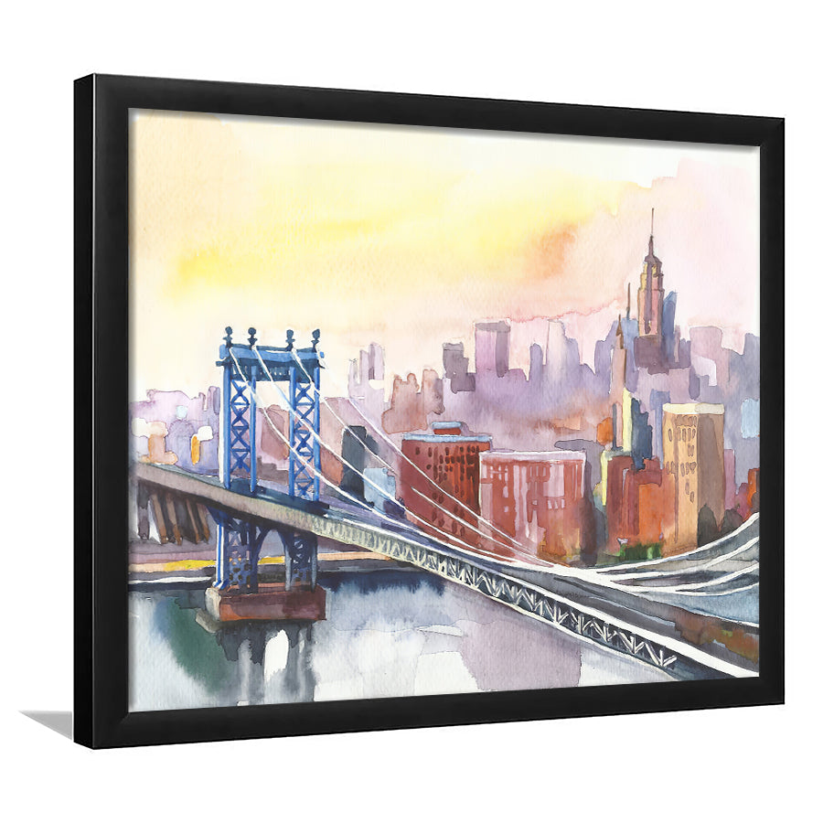 Panoramic View Of New York And Manhattan Bridge  Framed Wall Art - Framed Prints, Art Prints, Print for Sale, Painting Prints