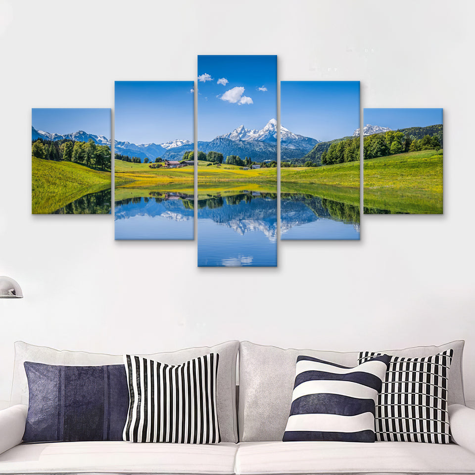 Panoramic view of idyllic summer landscape in the Alps 5 Pieces Canvas Prints Wall Art - Painting Canvas, Multi Panels, Wall Decor