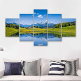 Panoramic view of idyllic summer landscape in the Alps 5 Pieces Canvas Prints Wall Art - Painting Canvas, Multi Panels, Wall Decor