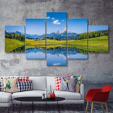 Panoramic view of idyllic summer landscape in the Alps 5 Pieces Canvas Prints Wall Art - Painting Canvas, Multi Panels, Wall Decor
