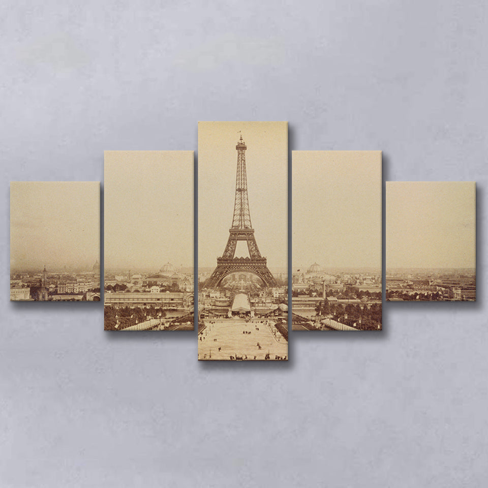 Paris Black And White Print, Eiffel Tower 5 Panels, Canvas Prints Wall Art Decor, Large Canvas Art