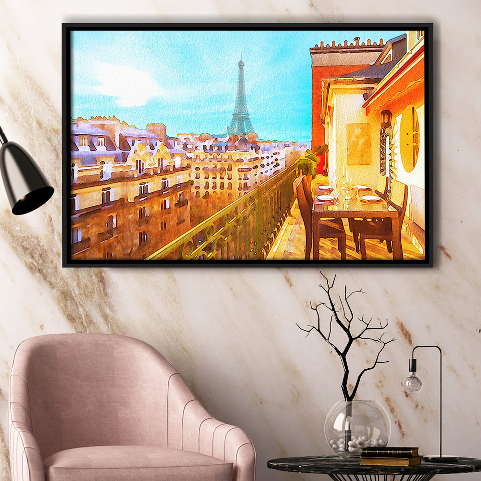 Paris Oil Painting, Paris Romatic Black & White  Framed Canvas Prints Wall Art Decor, Black Floating Frame