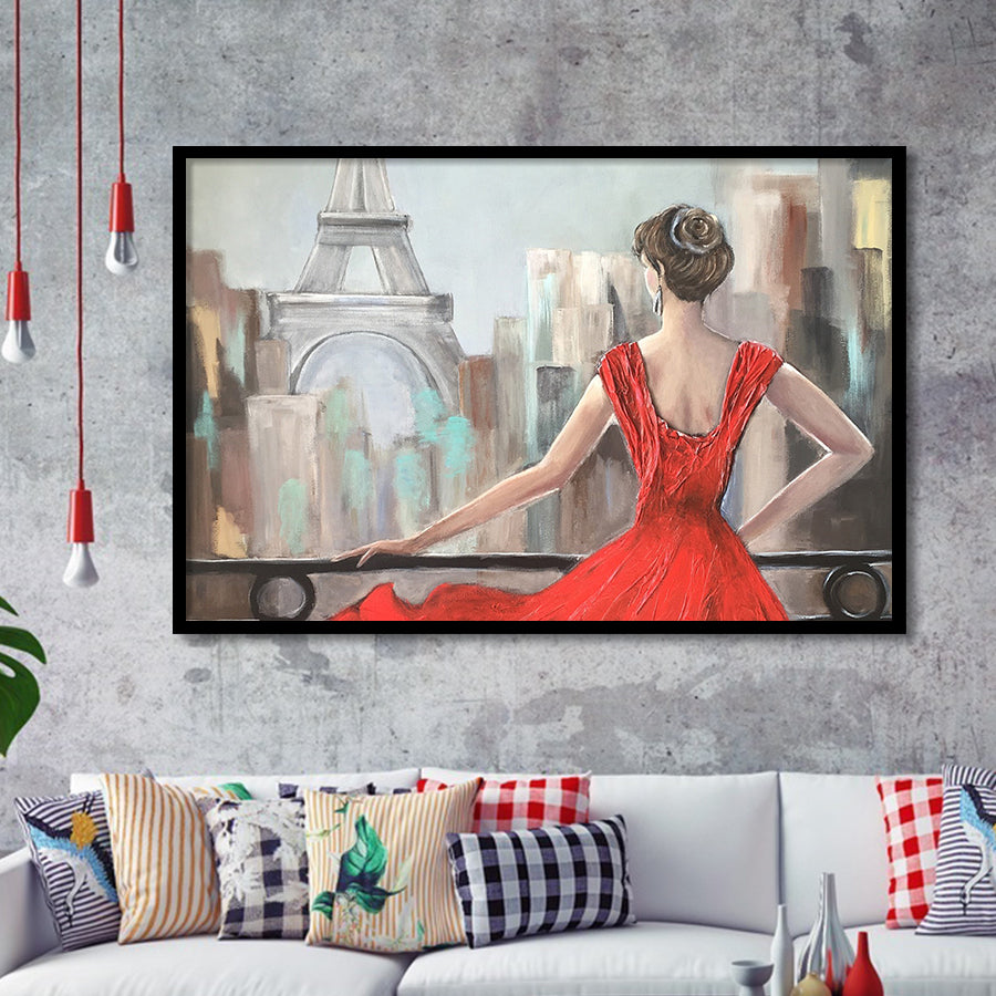 Paris Oil Painting Summer Cafe in Paris Romantic Framed Art Prints Wall Art Decor,Black Frame, Ready to hang