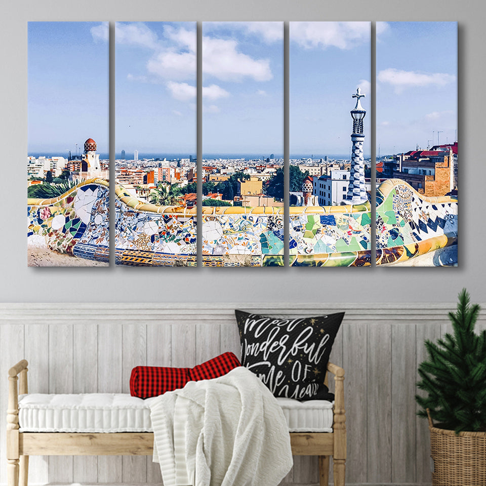 Park Guell In Barcelona, Barcelona 5 Panels B,Large Canvas,Canvas Prints Wall Art Home Decor