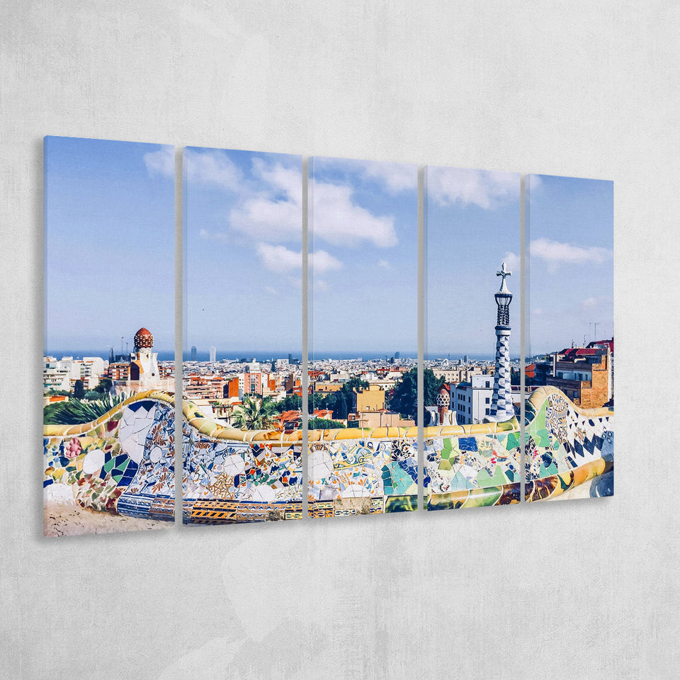 Park Guell In Barcelona, Barcelona 5 Panels B,Large Canvas,Canvas Prints Wall Art Home Decor