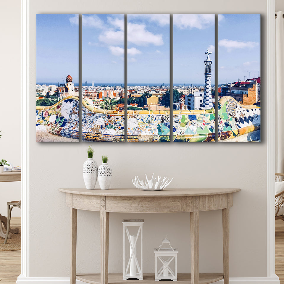 Park Guell In Barcelona, Barcelona 5 Panels B,Large Canvas,Canvas Prints Wall Art Home Decor