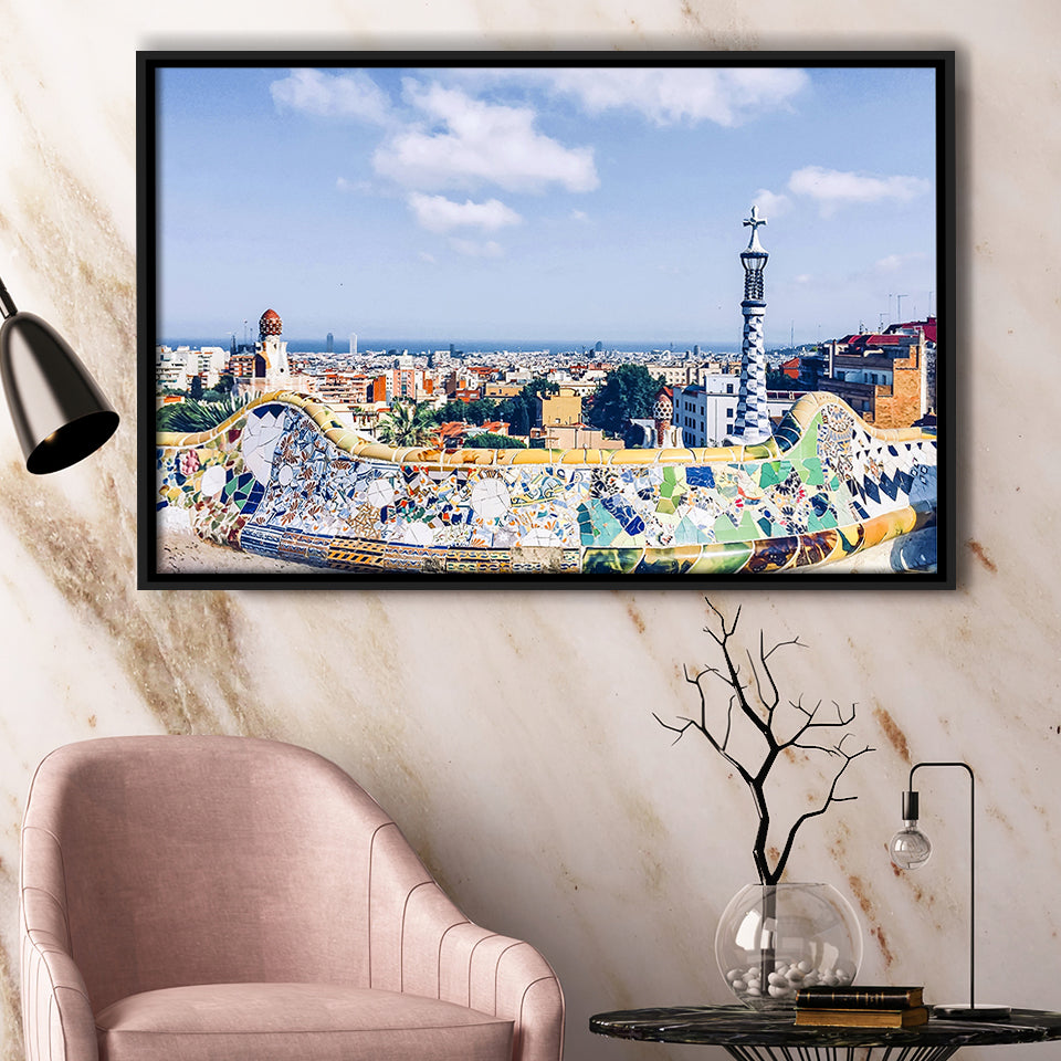 Park Guell In Barcelona, Barcelona Framed Canvas Prints Wall Art Decor, Black Floating Frame