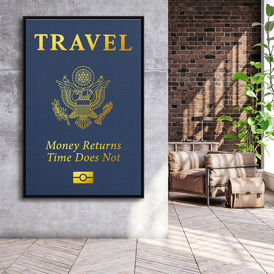 Passport Travel Money Returns Time Does Not Blue Gold Motivation Art Framed Canvas Prints Wall Art Decor - Painting Canvas,Painting Prints