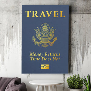 Passport Travel Money Returns Time Does Not Blue Gold Motivation Art Canvas Prints Wall Art - Painting Canvas,Wall Decor, Painting Prints
