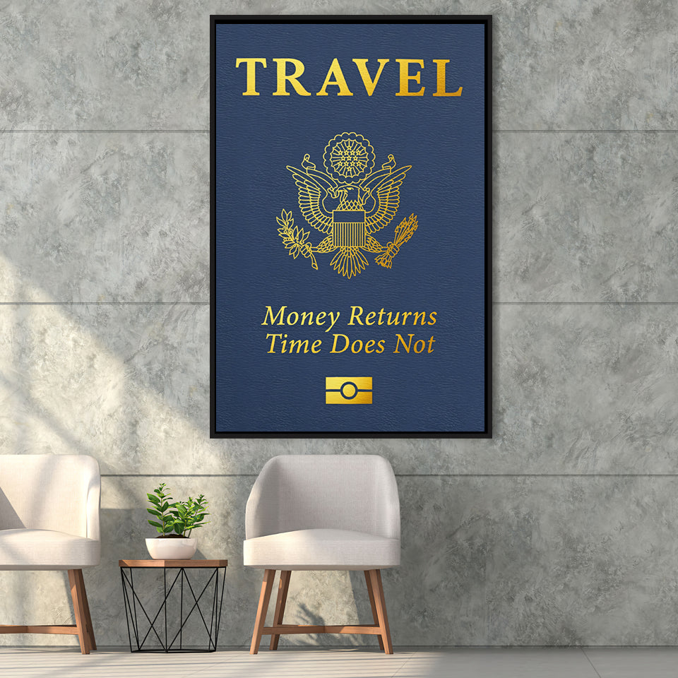 Passport Travel Money Returns Time Does Not Blue Gold Motivation Art Framed Canvas Prints Wall Art Decor - Painting Canvas,Painting Prints