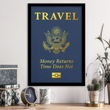 Passport Travel Money Returns Time Does Not Blue Gold Motivation Art Framed Art Prints Wall Decor - Painting Prints,Wall Art,Framed Picture
