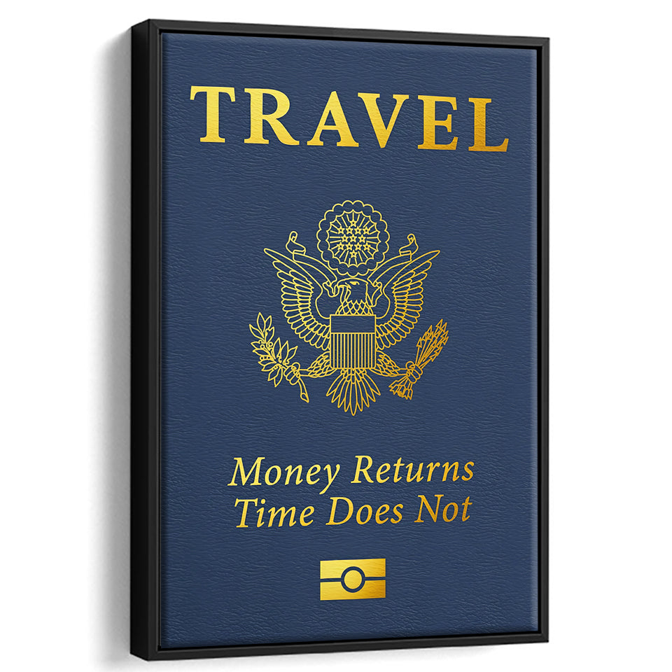 Passport Travel Money Returns Time Does Not Blue Gold Motivation Art Framed Canvas Prints Wall Art Decor - Painting Canvas,Painting Prints
