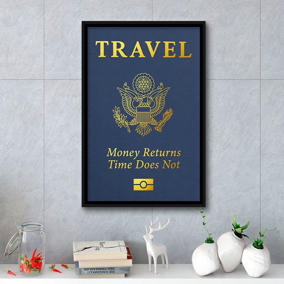 Passport Travel Money Returns Time Does Not Blue Gold Motivation Art Framed Canvas Prints Wall Art Decor - Painting Canvas,Painting Prints