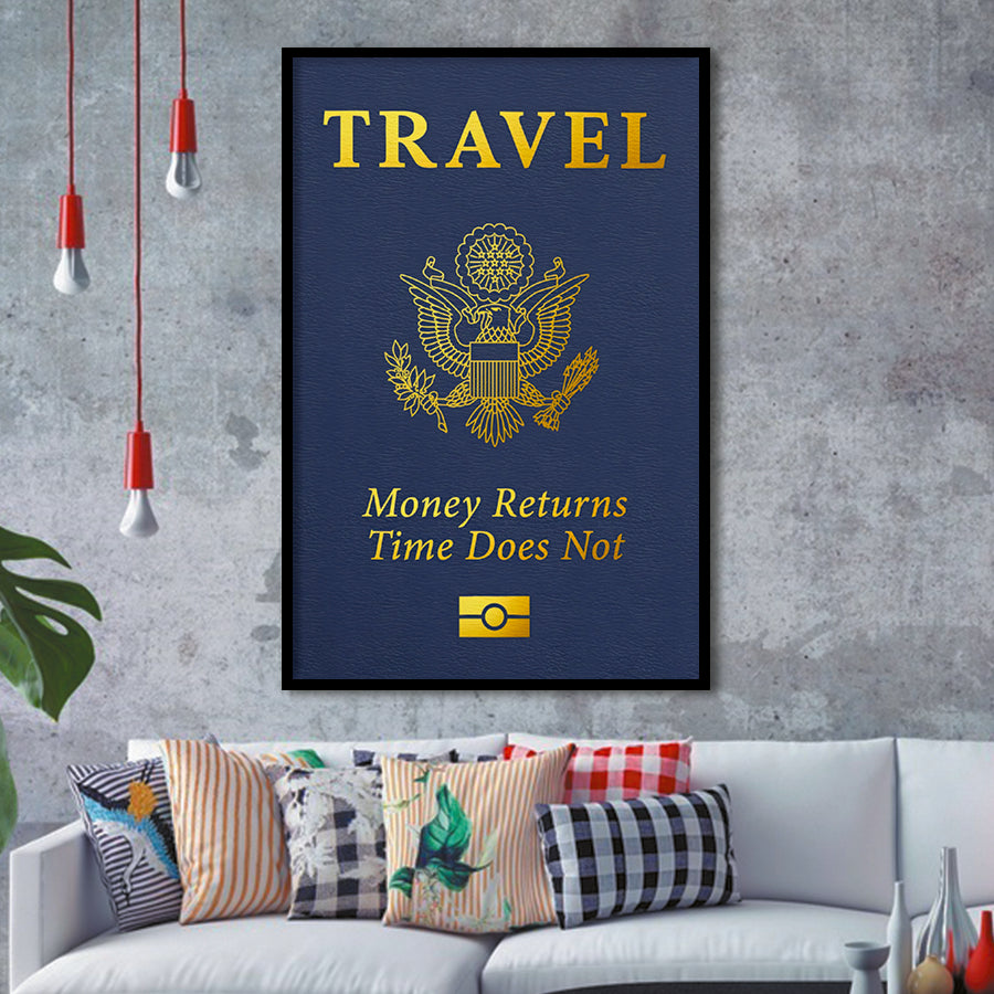 Passport Travel Money Returns Time Does Not Blue Gold Motivation Art Framed Art Prints Wall Decor - Painting Prints,Wall Art,Framed Picture