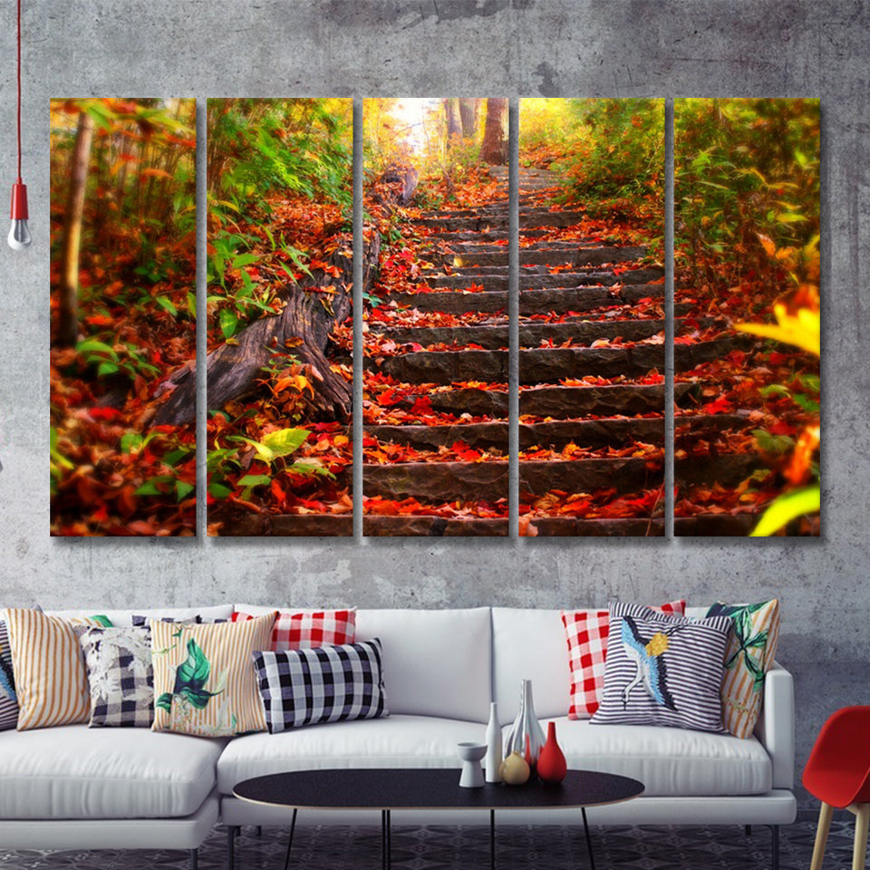 Pathway Stair W Autumn Leaves 5 Pieces B Canvas Prints Wall Art - Painting Canvas, Multi Panels,5 Panel, Wall Decor