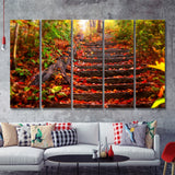 Pathway Stair W Autumn Leaves 5 Pieces B Canvas Prints Wall Art - Painting Canvas, Multi Panels,5 Panel, Wall Decor