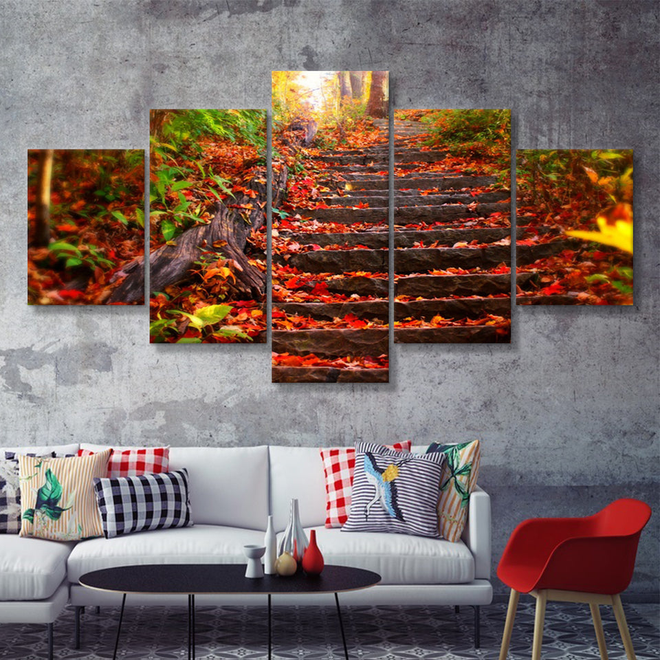 Pathway Stair W Autumn Leaves  5 Pieces Canvas Prints Wall Art - Painting Canvas, Multi Panels, 5 Panel, Wall Decor