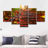 Pathway Stair W Autumn Leaves  5 Pieces Canvas Prints Wall Art - Painting Canvas, Multi Panels, 5 Panel, Wall Decor