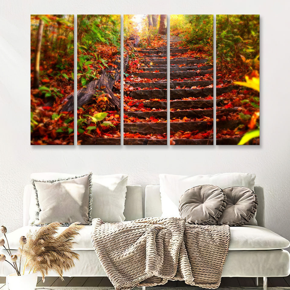 Pathway Stair W Autumn Leaves 5 Pieces B Canvas Prints Wall Art - Painting Canvas, Multi Panels,5 Panel, Wall Decor