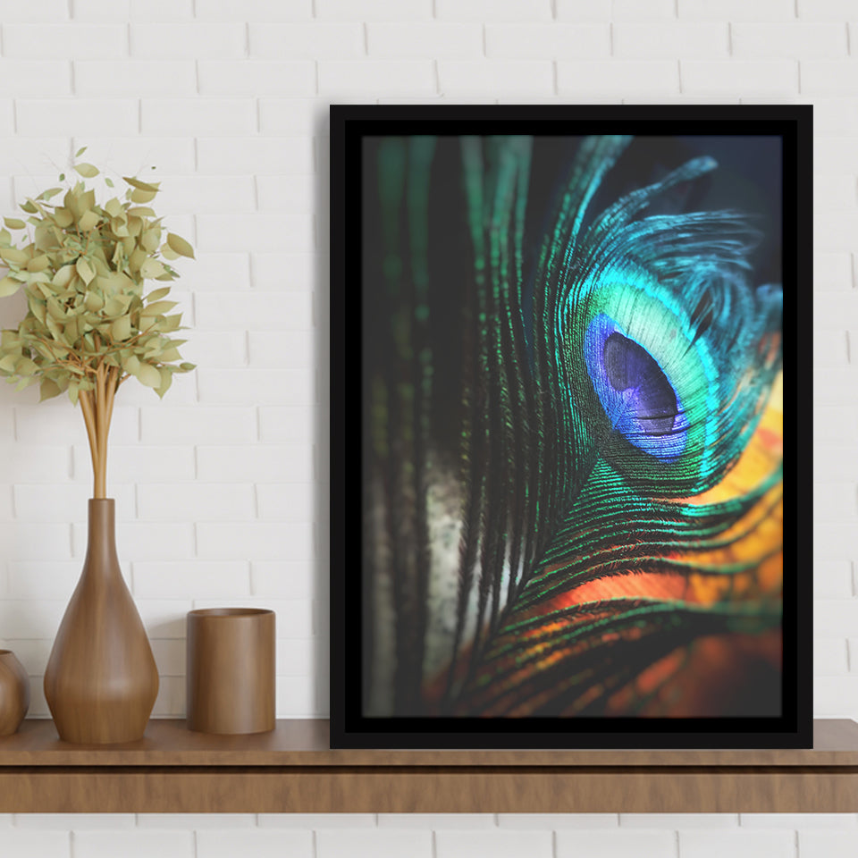 Vivid Peacock Feathers II | Large Stretched Canvas, Black Floating Frame Wall Art Print | Great Big Canvas