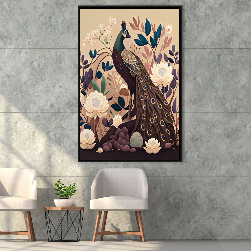 Peacock Retro Art Print, Large Canvas, Framed Canvas Print Wall Art Home Decor, Floating Frame