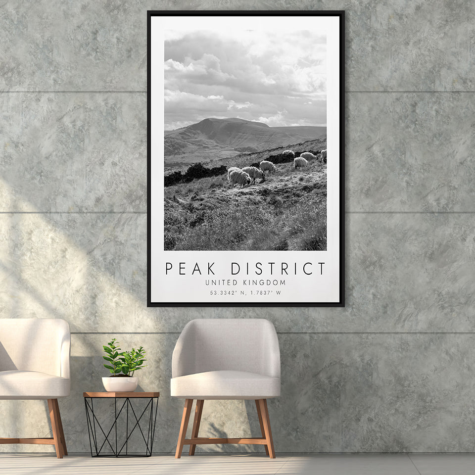 Peak District National Park Travel Art Black And White Decor Framed Canvas Prints Wall Art Home Decor, Floating Frame