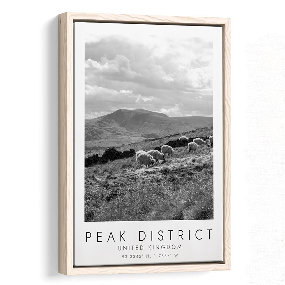Peak District National Park Travel Art Black And White Decor Framed Canvas Prints Wall Art Home Decor, Floating Frame