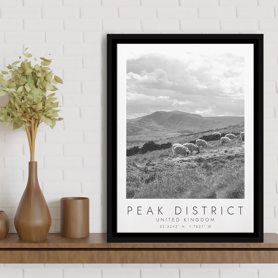 Peak District National Park Travel Art Black And White Decor Framed Canvas Prints Wall Art Home Decor, Floating Frame
