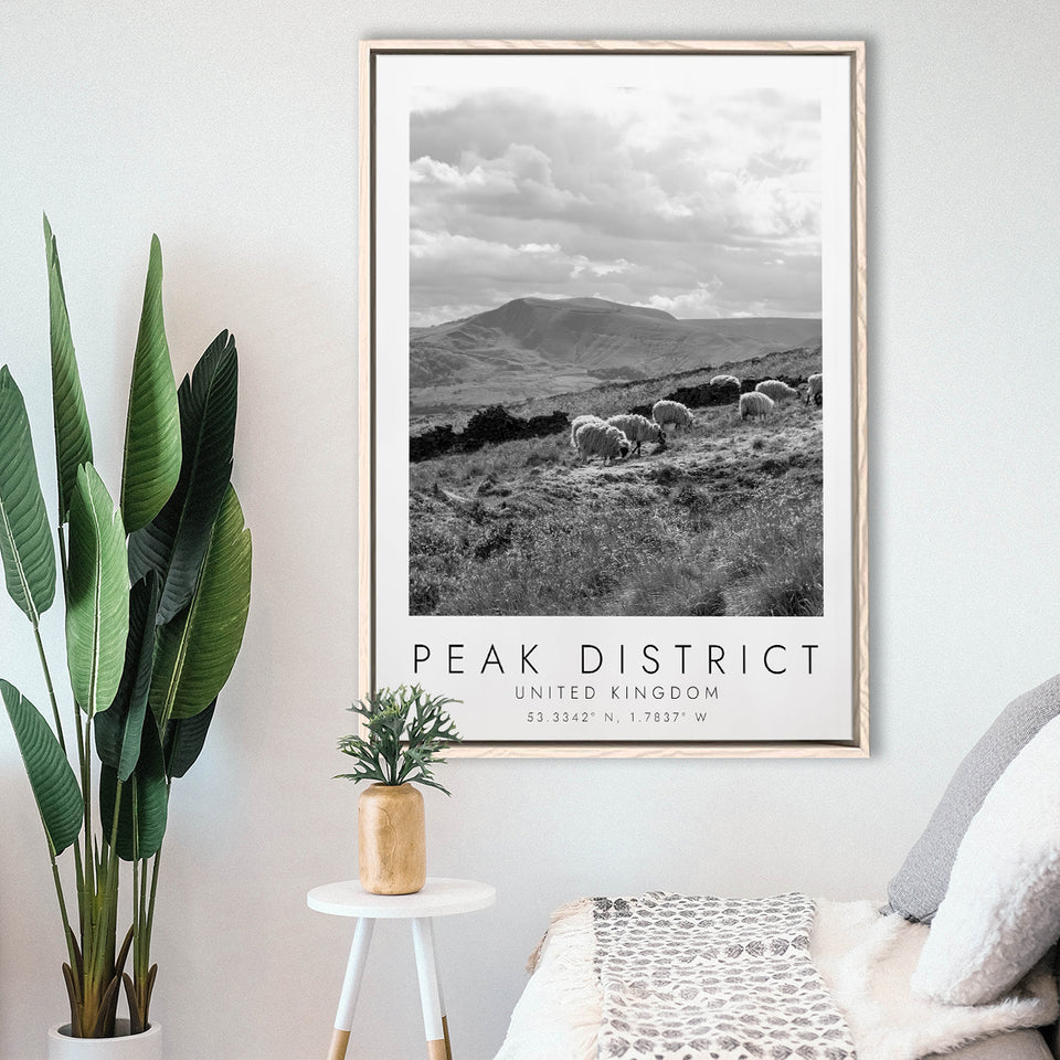Peak District National Park Travel Art Black And White Decor Framed Canvas Prints Wall Art Home Decor, Floating Frame