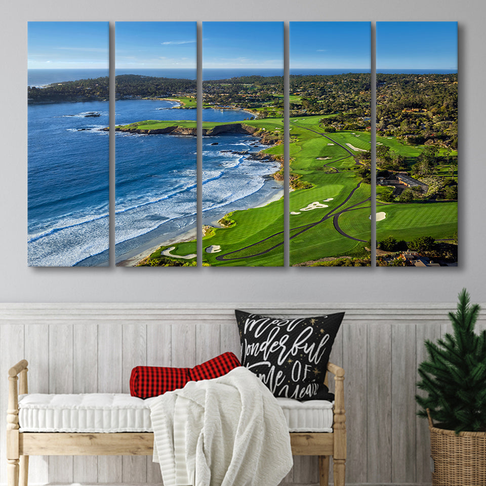 Pebble Beach Golf Links On A Clear Day Pebble Beach, California, 5 Panels Extra Large Canvas Prints Wall Art Decor