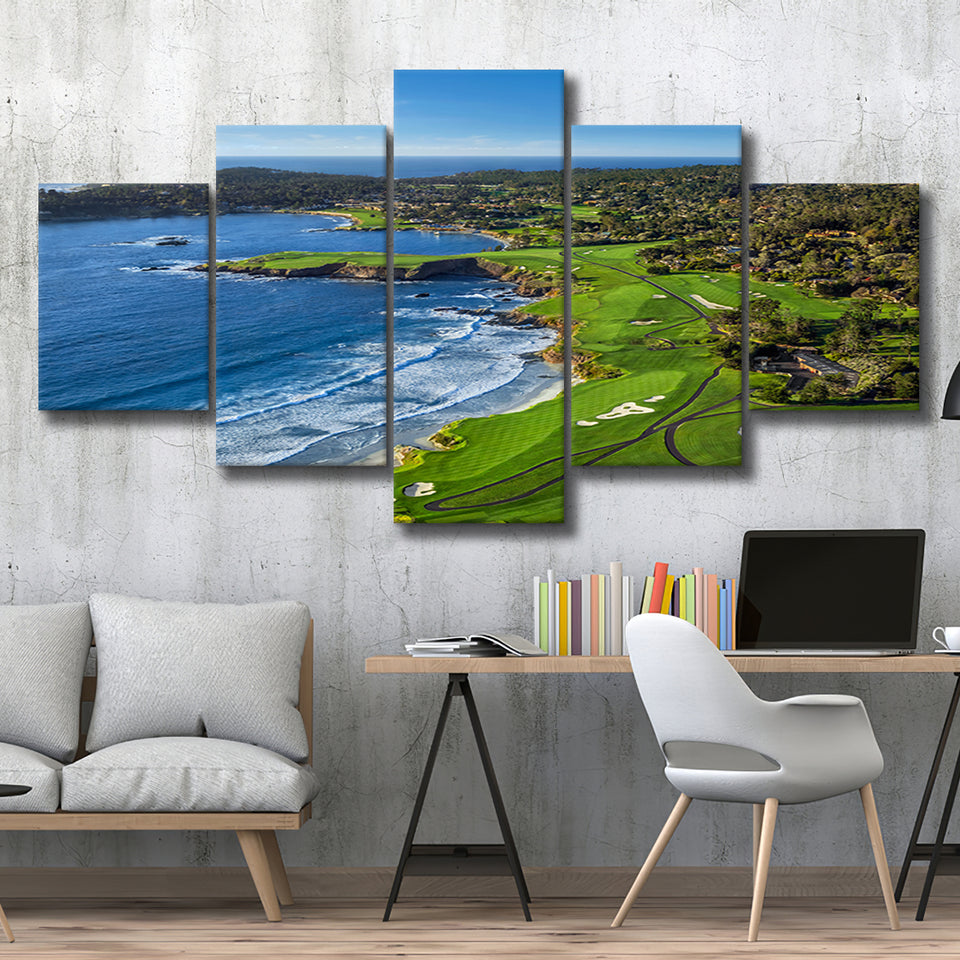 Pebble Beach Golf Links On A Clear Day Pebble Beach, California, Golf Art Print, 5 Panels Canvas Prints Wall Art Decor