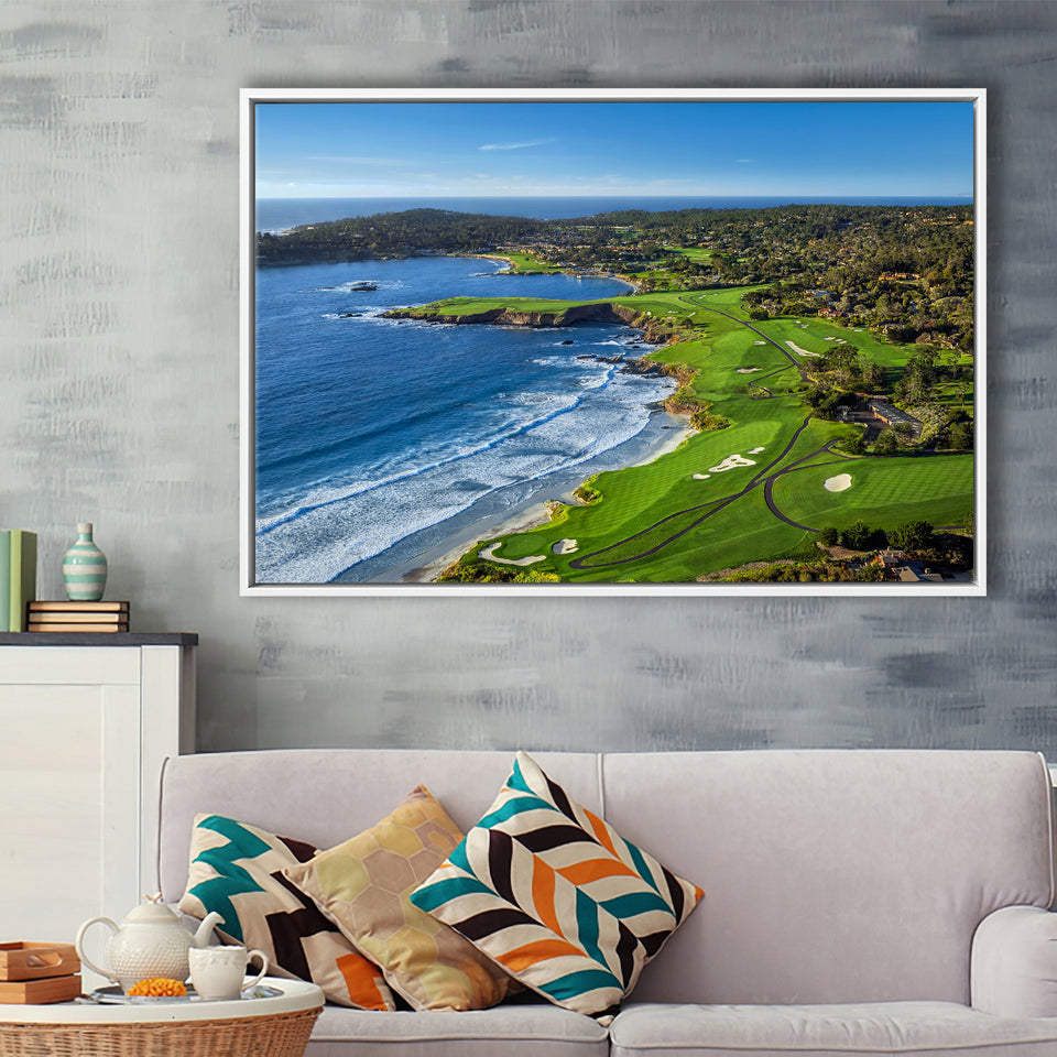 Pebble Beach Golf Links On A Clear Day Pebble Beach, California, Framed Canvas Prints Wall Art Decor, Floating Frame