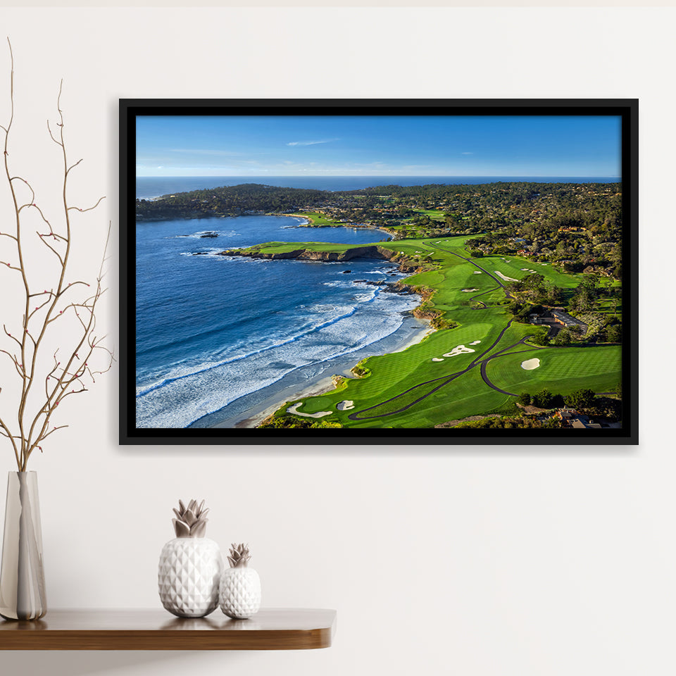 Pebble Beach Golf Links On A Clear Day Pebble Beach, California, Framed Canvas Prints Wall Art Decor, Floating Frame