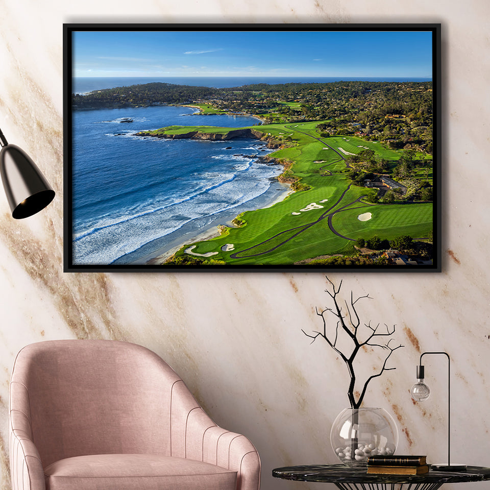 Pebble Beach Golf Links On A Clear Day Pebble Beach, California, Framed Canvas Prints Wall Art Decor, Floating Frame