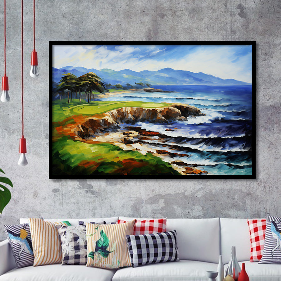 Pebble Beach Golf Links Aerial Art Painting V1 Framed Art Prints Wall Decor, Framed Painting Art