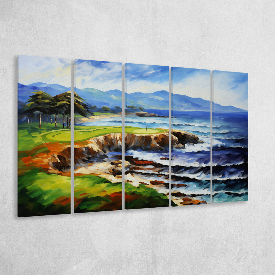 Pebble Beach Golf Links Aerial Art Painting V1,5 Panel Extra Large Canvas Prints Wall Art Decor