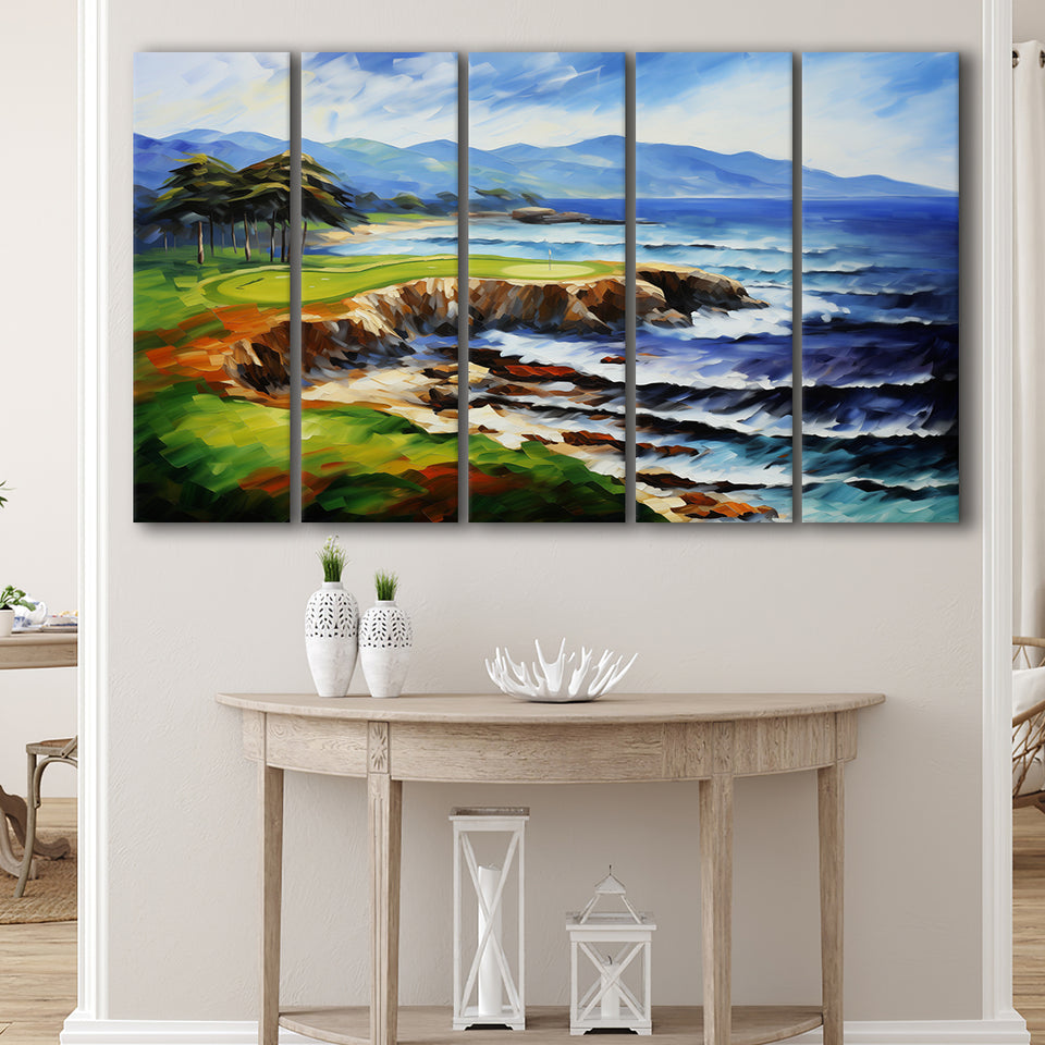 Pebble Beach Golf Links Aerial Art Painting V1,5 Panel Extra Large Canvas Prints Wall Art Decor