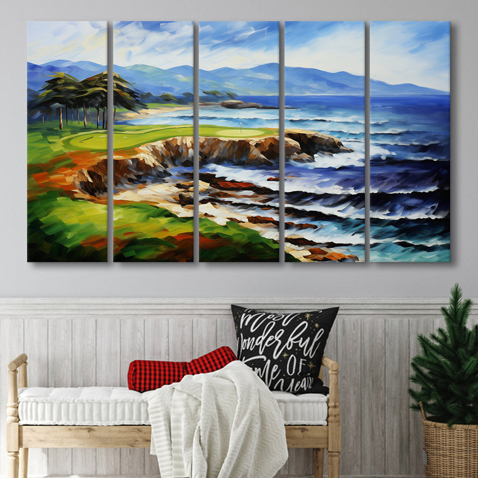 Pebble Beach Golf Links Aerial Art Painting V1,5 Panel Extra Large Canvas Prints Wall Art Decor