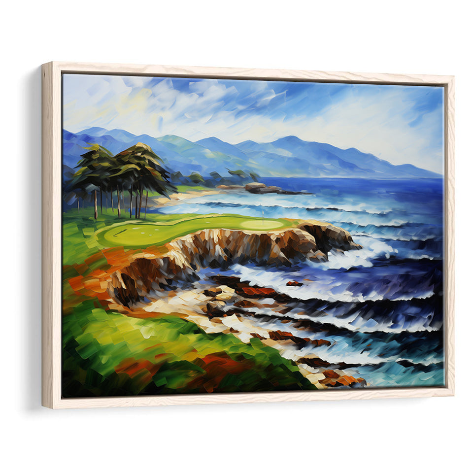 Pebble Beach Golf Links Aerial Art Painting V1, Framed Canvas Prints Wall Art Decor, Floating Frame