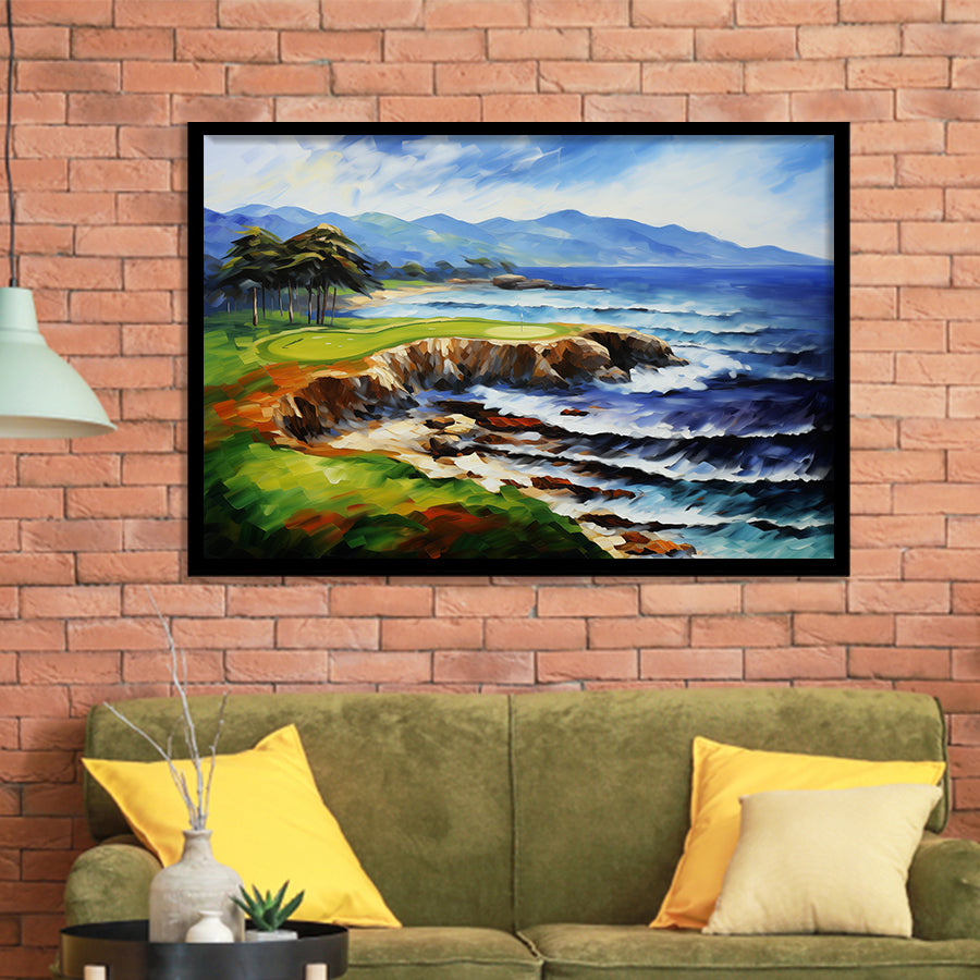 Pebble Beach Golf Links Aerial Art Painting V1 Framed Art Prints Wall Decor, Framed Painting Art
