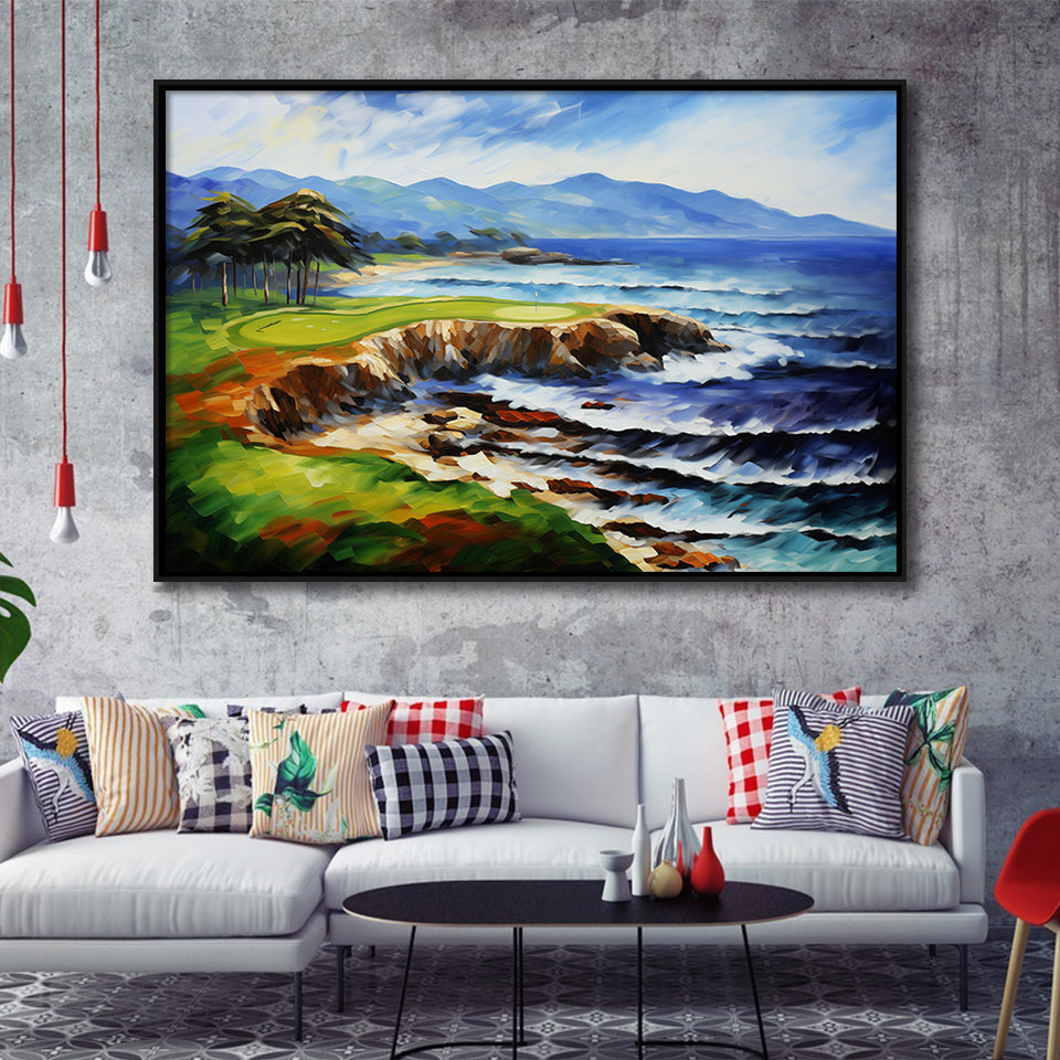 Pebble Beach Golf Links Aerial Art Painting V1, Framed Canvas Prints Wall Art Decor, Floating Frame