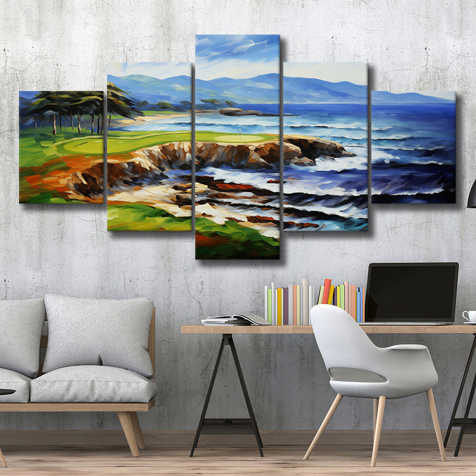 Pebble Beach Golf Links Aerial Art Painting V1 Mixed 5 Panel Large Canvas Prints Wall Art Decor